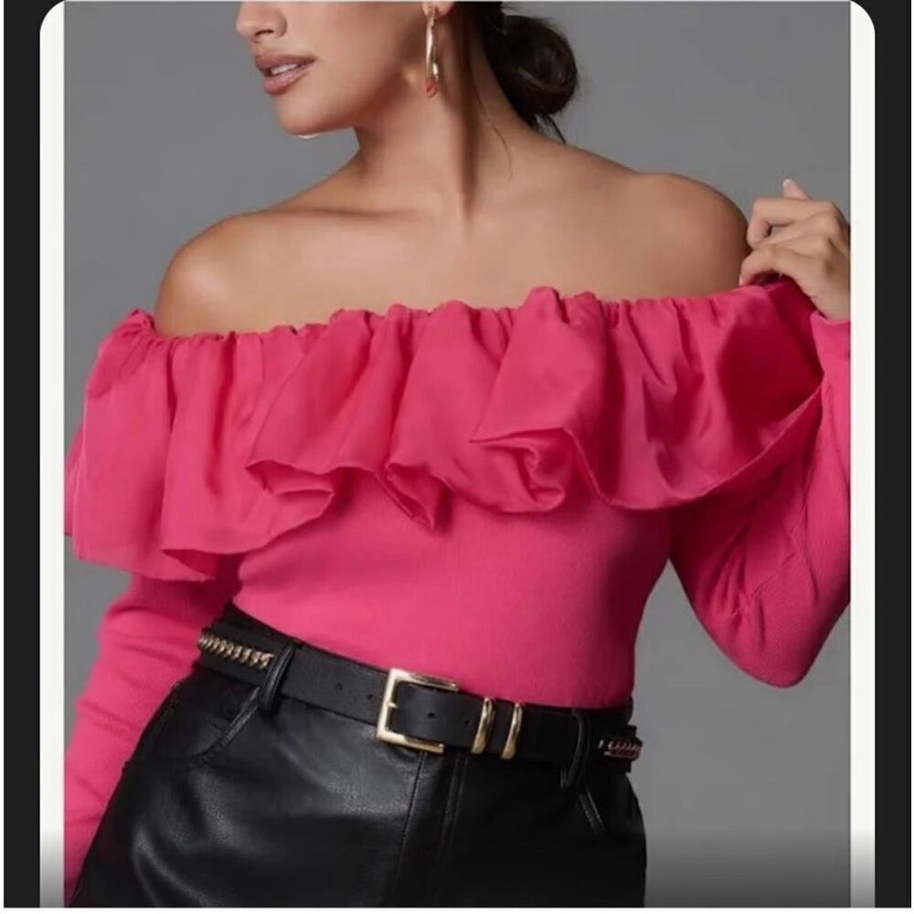 Anthropologie Pink Ruffle Off The Shoulder Long Sleeve Ribbed Blouse Size Medium